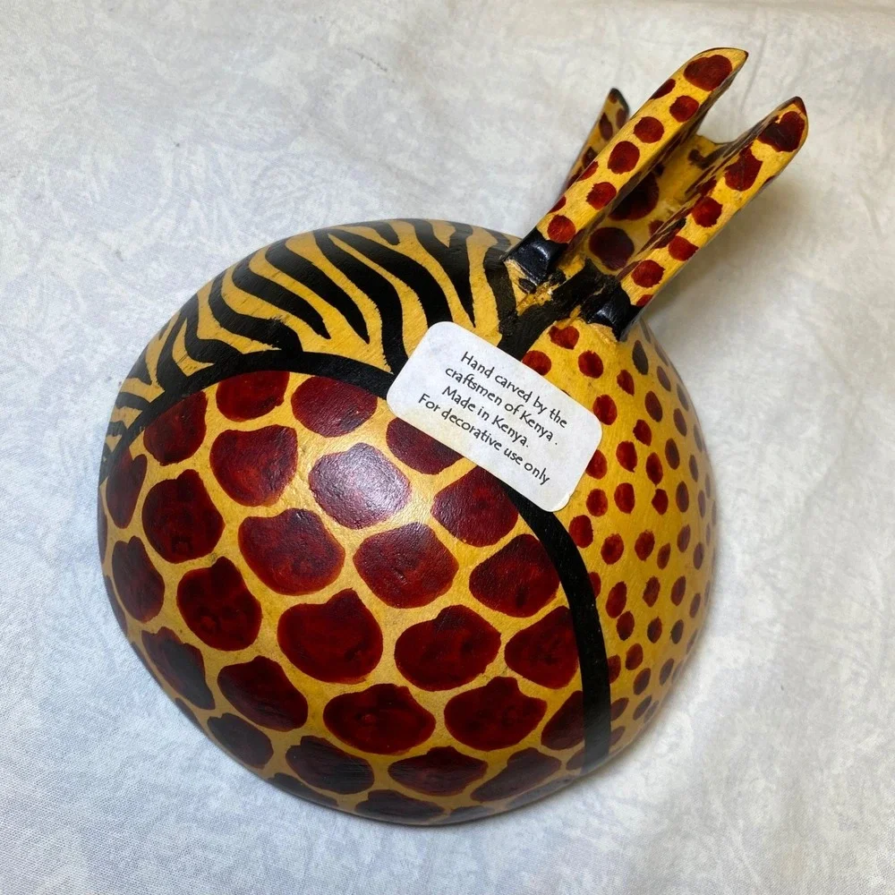 Hand‎ Carved Kenyan Giraffe Wooden Decorative Bowl Safari Animal Folk Art
